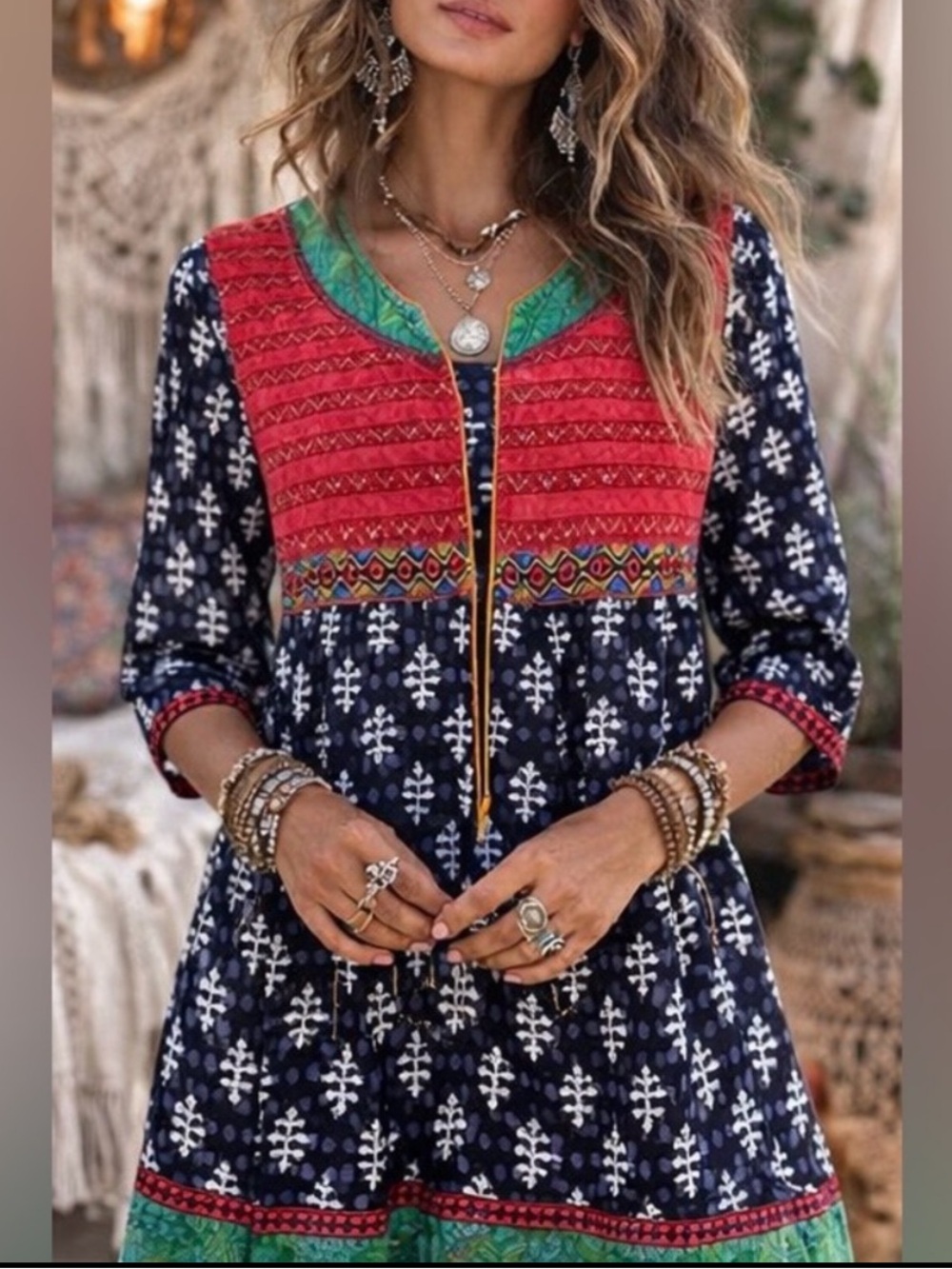 Vintage Handmade Boho Red,Navy Blue, Multi Colored Midi Dress with 3/4 Sleeves